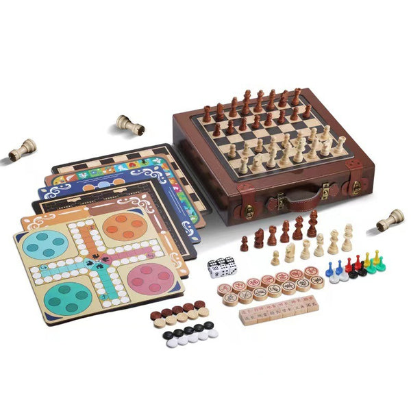 12-in-1 Multi-functional Wooden Chessboard, Chess, Gobang, Flying Chess, Checkers, Educational Children's Toy